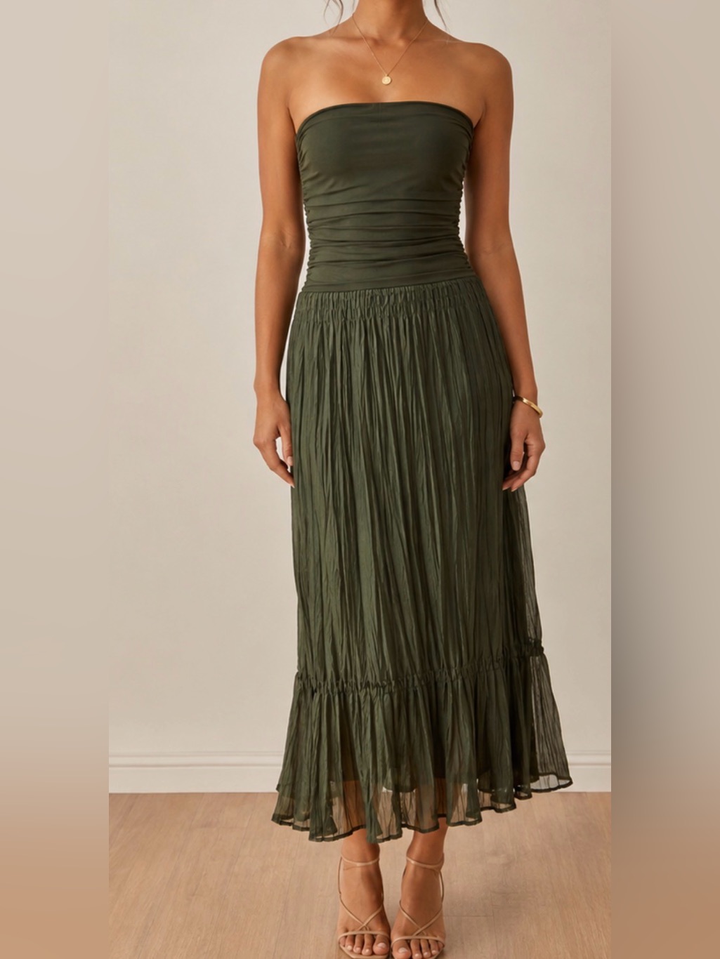 Crimson Anna Pianura Italy Sz 42 Us 12 Olive Green Strapless Ruched Dress